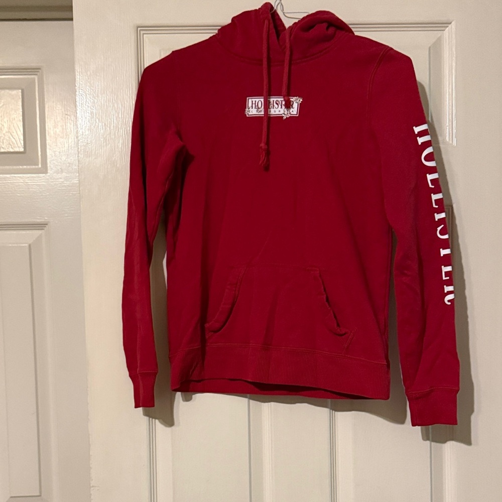 Hollister Red Pullover Hoodie with White Sleeve Logo